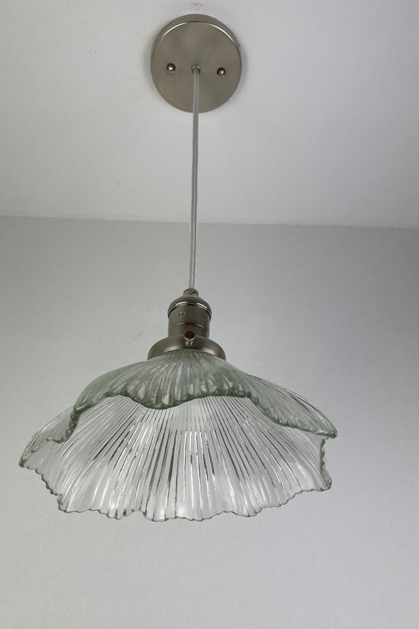 Vintage fluted Holophane Style Clear Cut glass 8 1/4" Shade now a beautiful Pendant Light with Satin Nickle Hardware