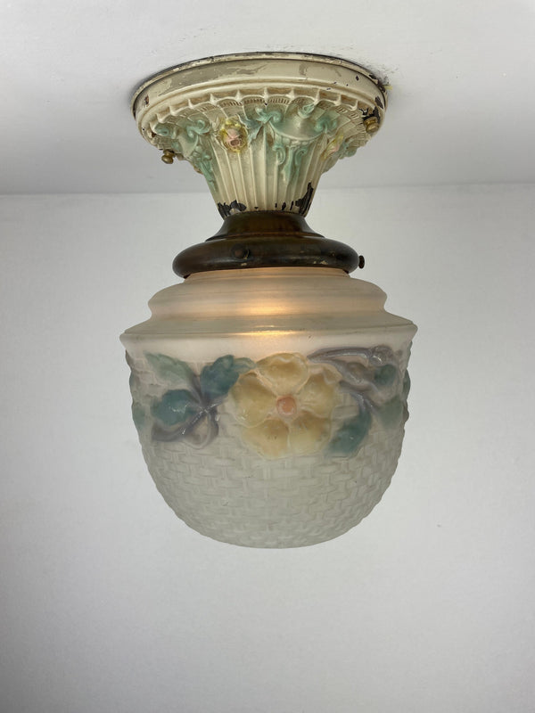 Antique early 1900's Jefferson Glass reverse painted flowers woven pattern glass