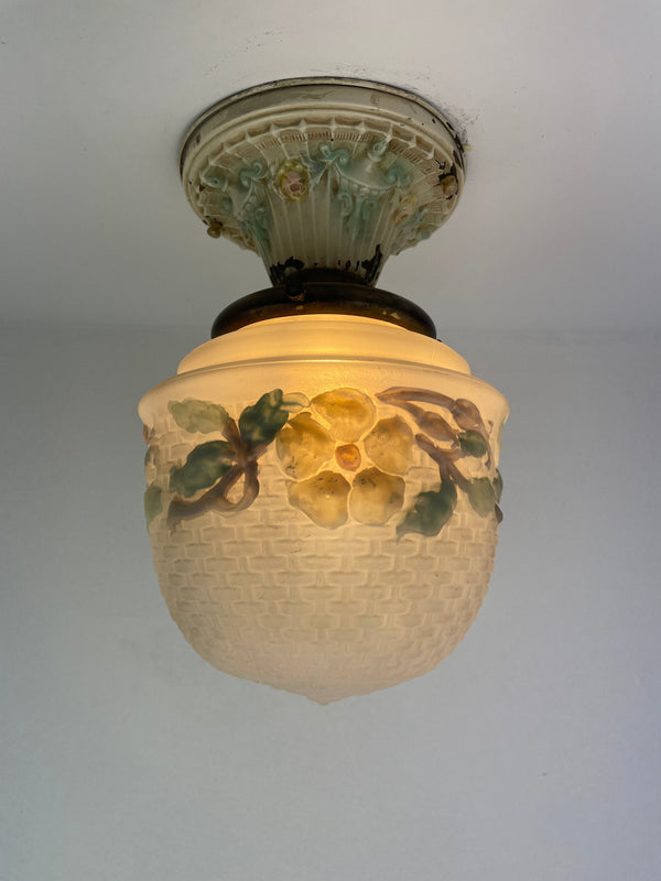 Antique early 1900's Jefferson Glass reverse painted flowers woven pattern glass