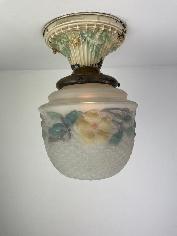 Antique early 1900's Jefferson Glass reverse painted flowers woven pattern glass