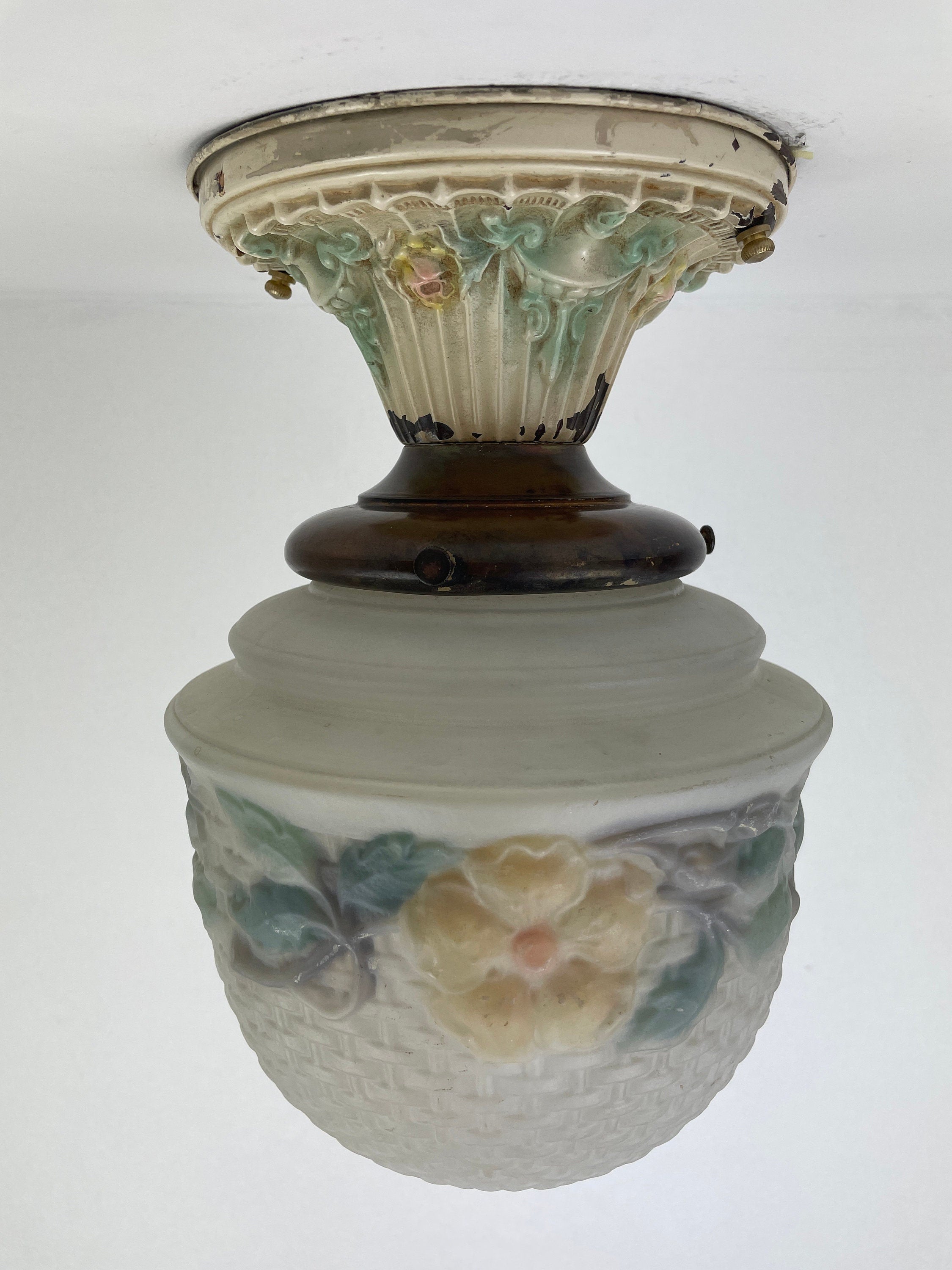 Antique early 1900's Jefferson Glass reverse painted flowers woven pattern glass