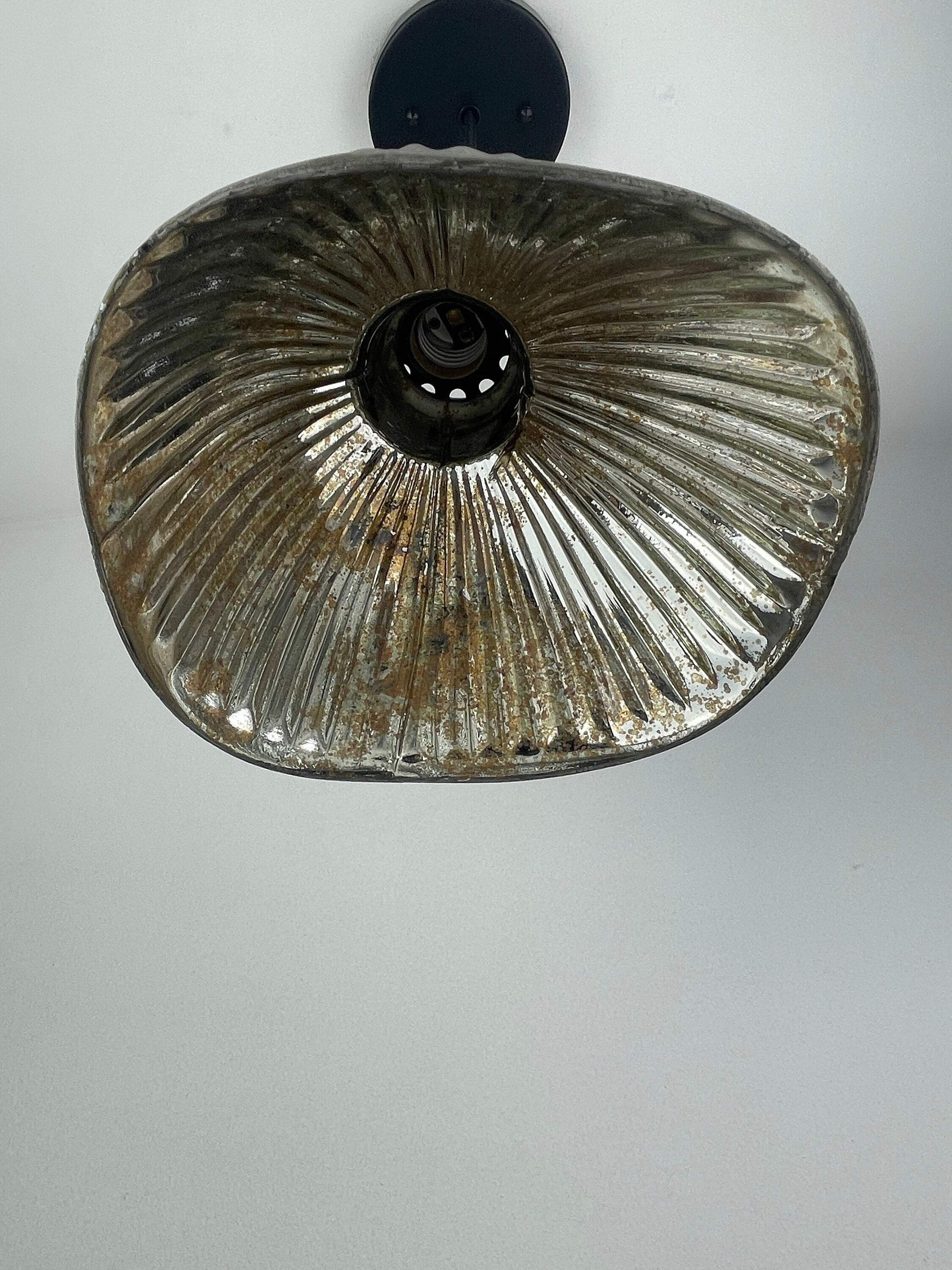 Vintage well worn Mercury Glass Pittsburgh Permaflector Gray ribbed XRay clamshell-shaped with interior reflective surface
