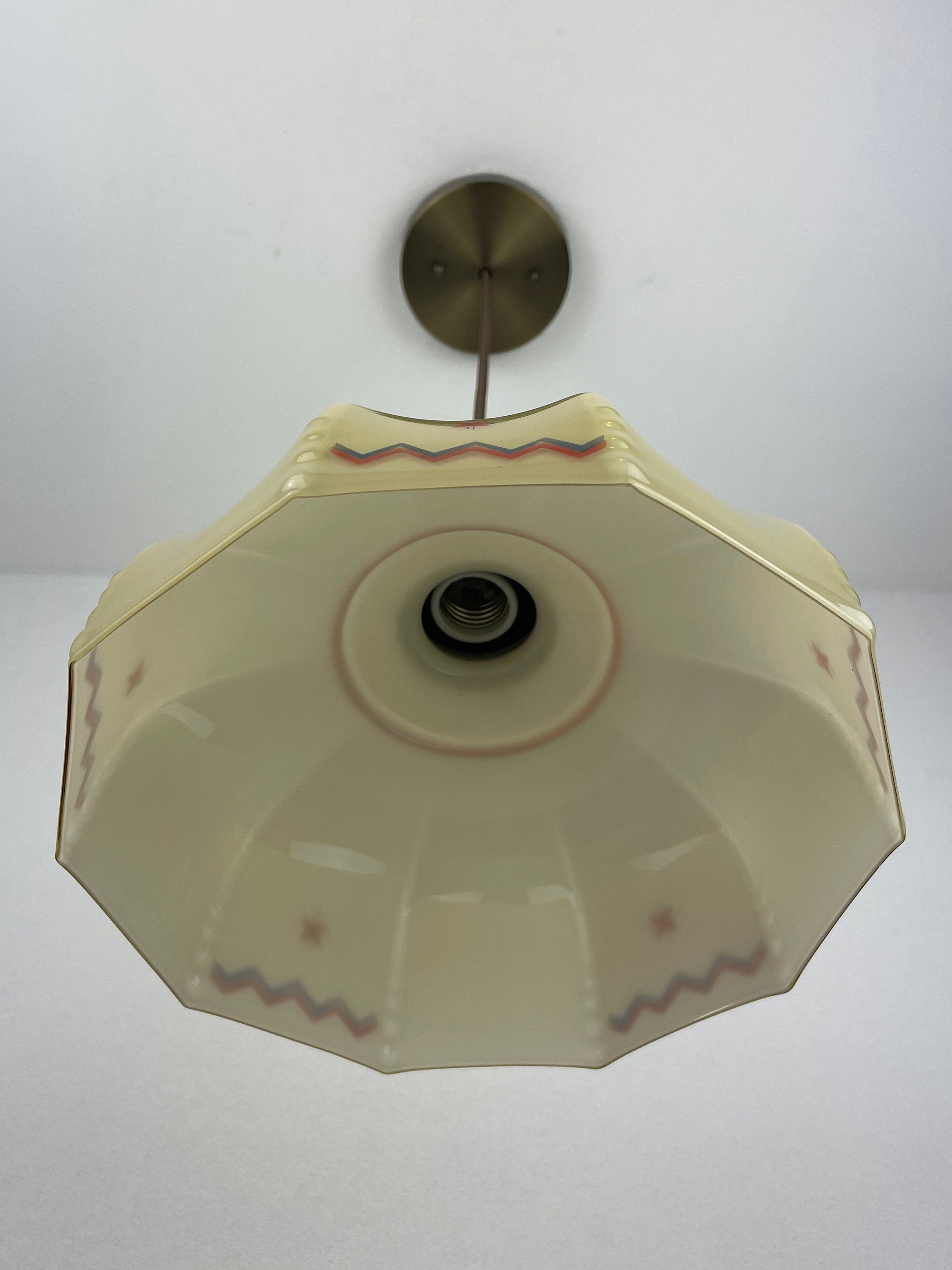 Rare on of a kind Antique 1920's Austrian Custard Colored Shade with Hand Painted Red & Green w/ Antique Brass Hardware