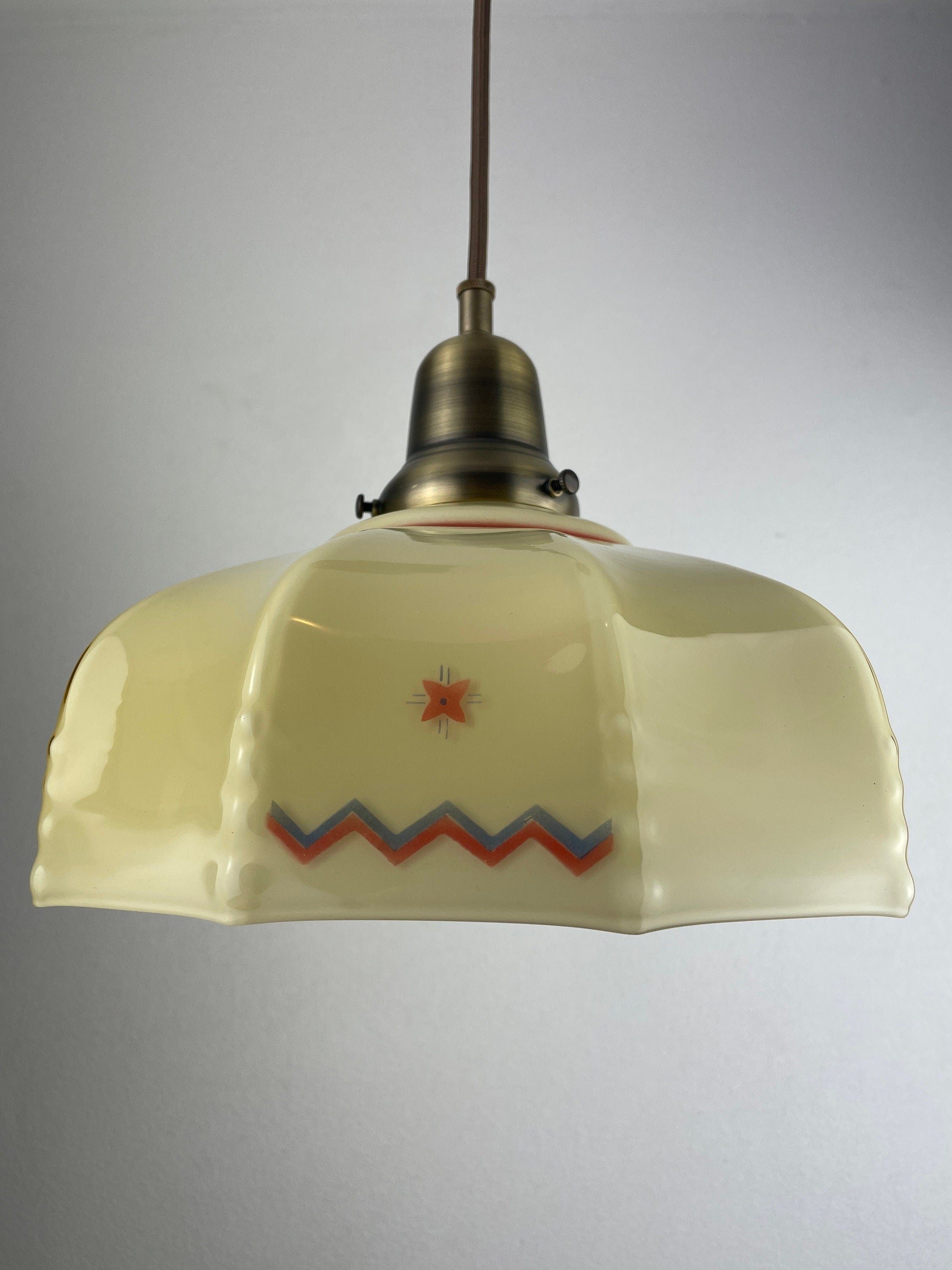 Rare on of a kind Antique 1920's Austrian Custard Colored Shade with Hand Painted Red & Green w/ Antique Brass Hardware