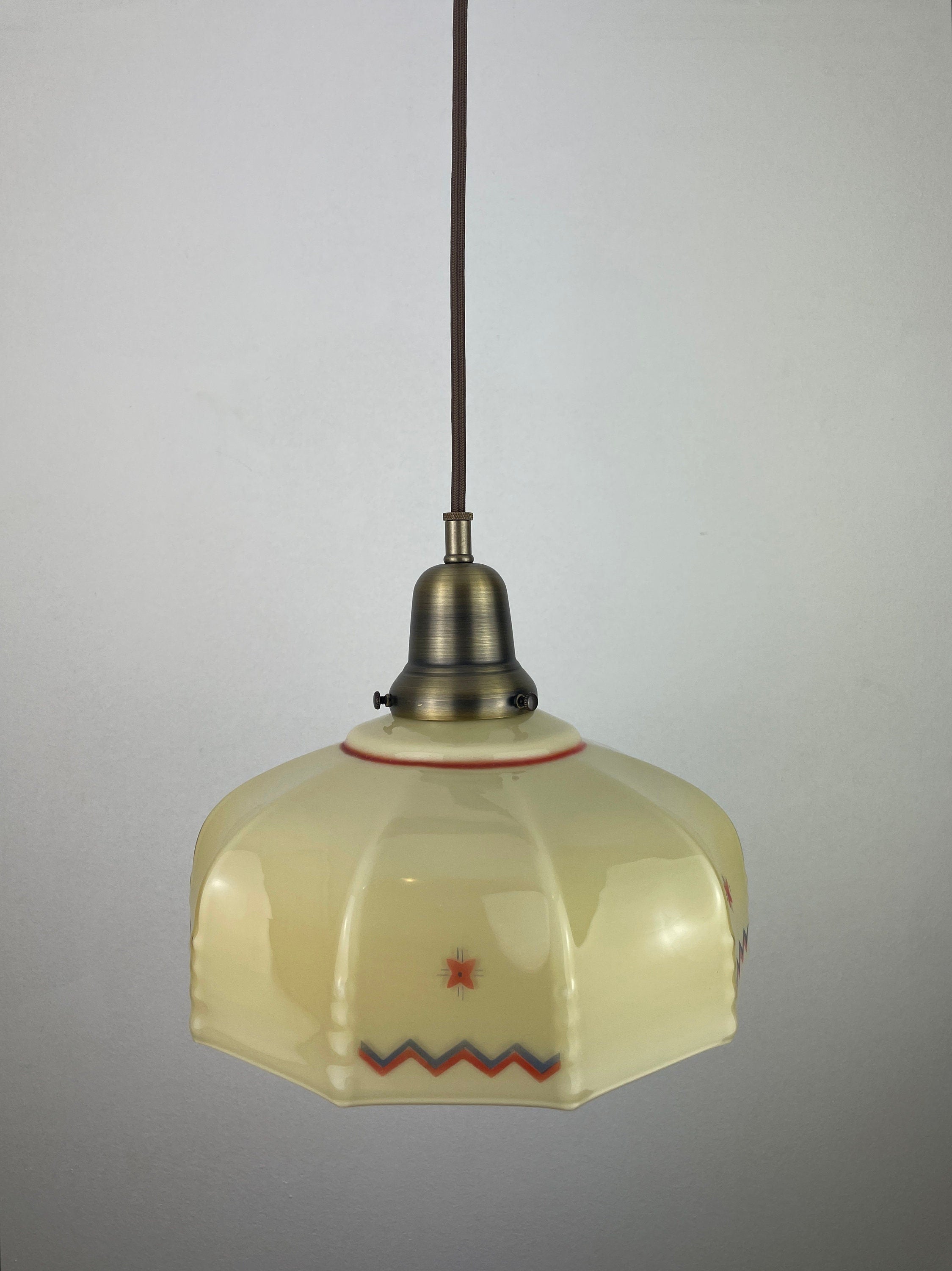 Rare on of a kind Antique 1920's Austrian Custard Colored Shade with Hand Painted Red & Green w/ Antique Brass Hardware