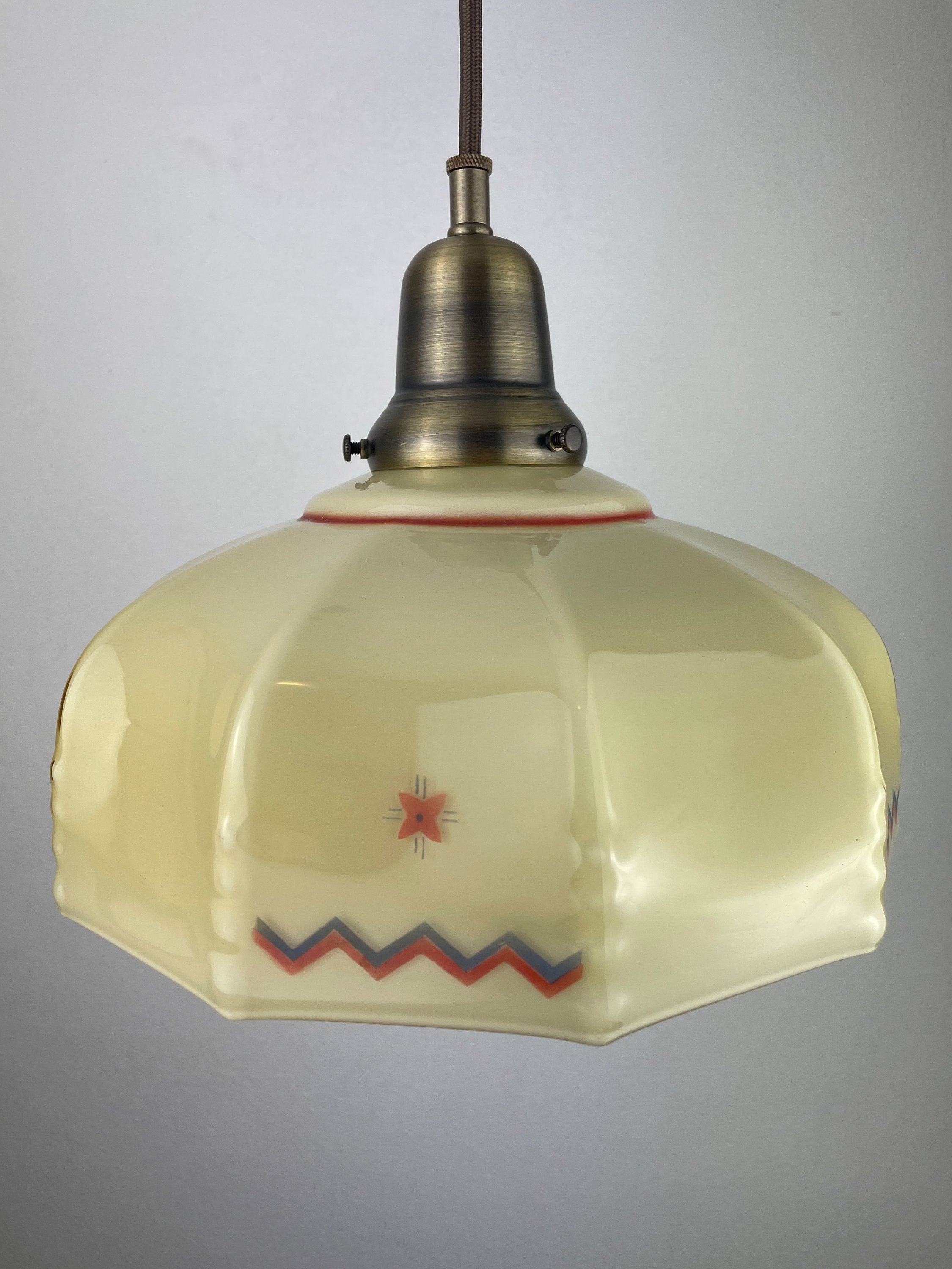 Rare on of a kind Antique 1920's Austrian Custard Colored Shade with Hand Painted Red & Green w/ Antique Brass Hardware