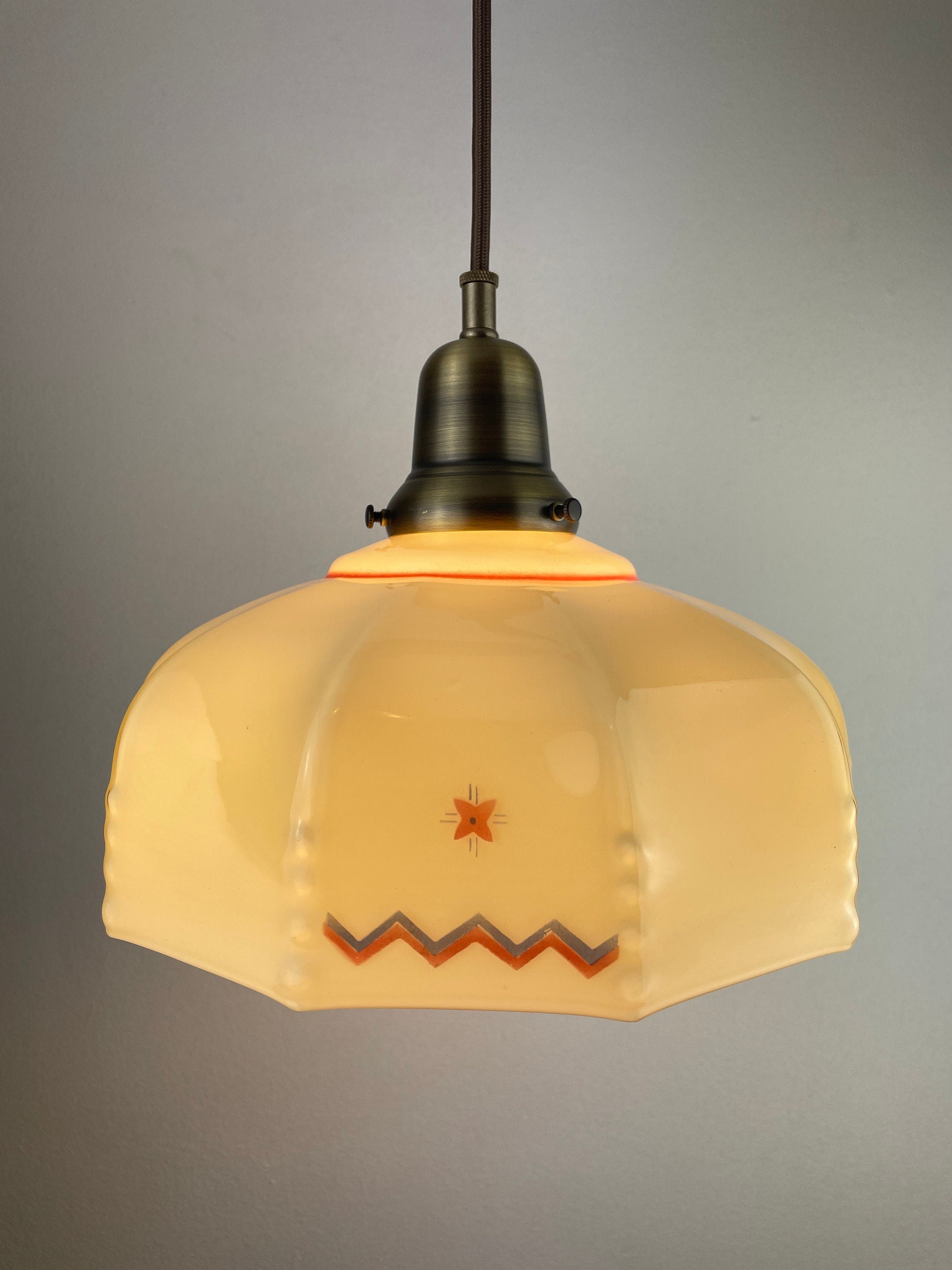 Rare on of a kind Antique 1920's Austrian Custard Colored Shade with Hand Painted Red & Green w/ Antique Brass Hardware