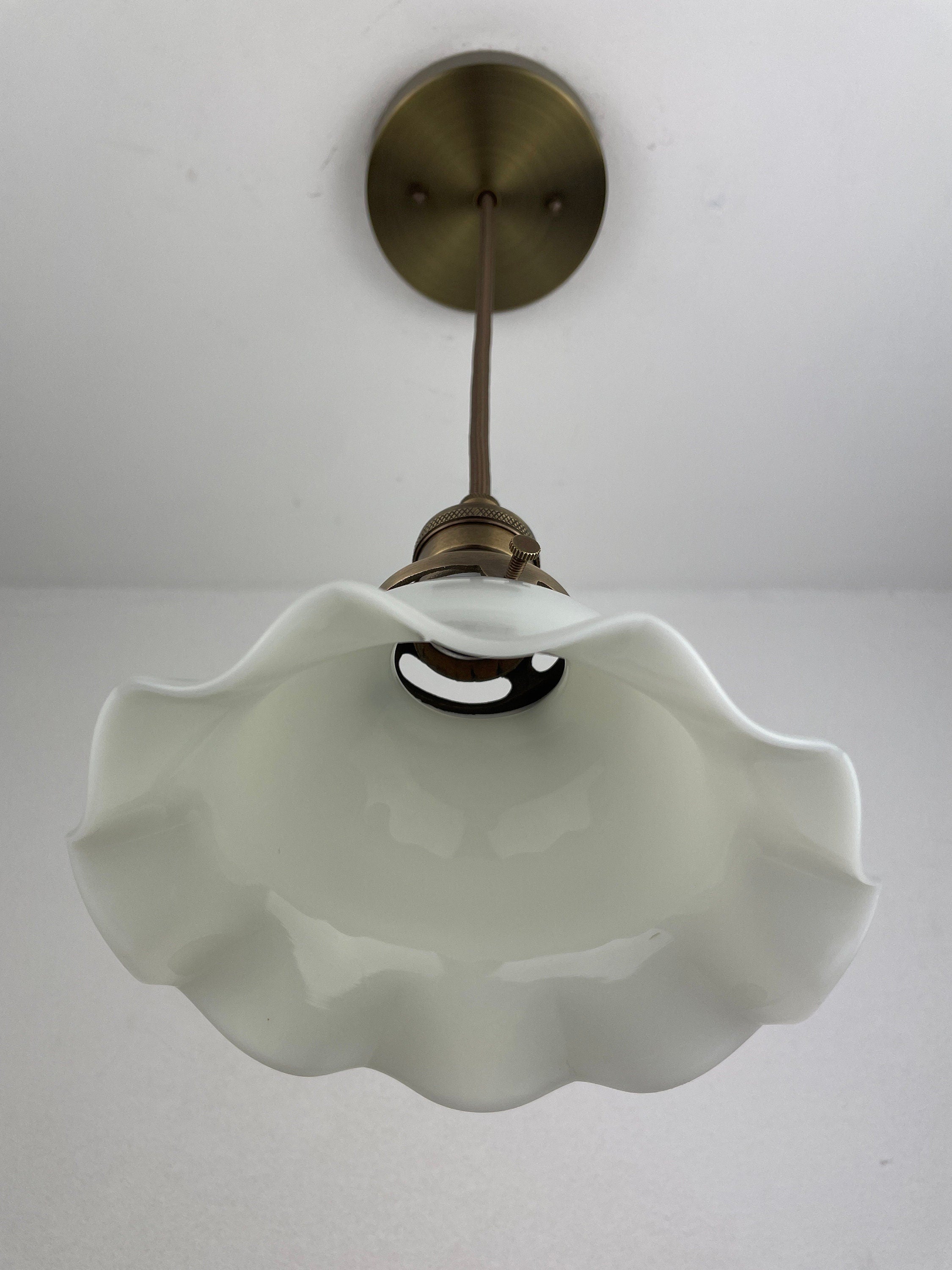 Antique 1920's Ruffled Petticoat Petite Milk Glass Pendant Light with 6 1/2