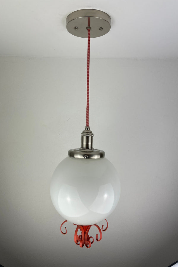 Beautiful Vintage 1950-60's On of a Kind 8" Opal/Milk Glass Globe with decorative orange metal base finial