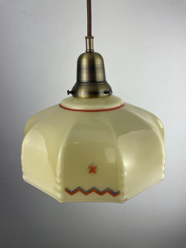 Rare on of a kind Antique 1920's Austrian Custard Colored Shade with Hand Painted Red & Green w/ Antique Brass Hardware