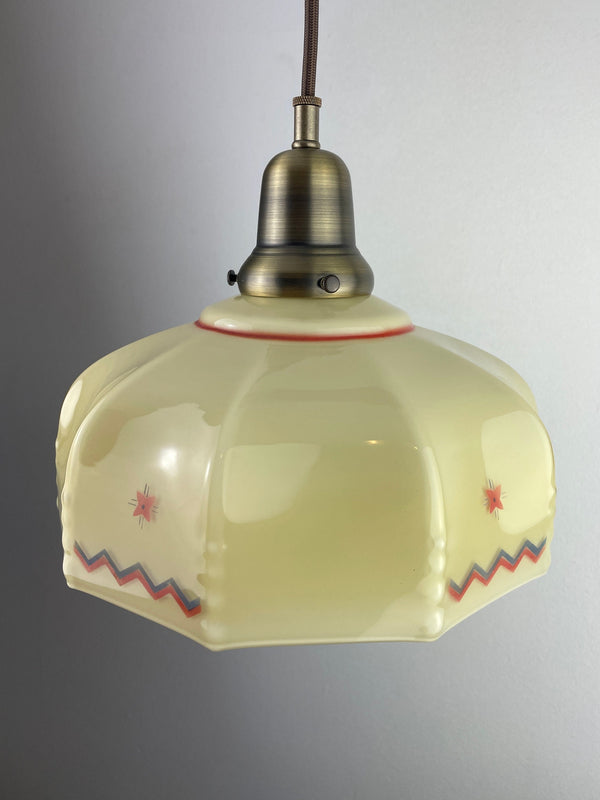 Rare on of a kind Antique 1920's Austrian Custard Colored Shade with Hand Painted Red & Green w/ Antique Brass Hardware